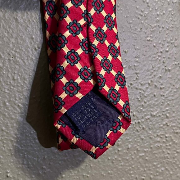 Franco Bassi Red & Gold Silk Tie with Teal Geometric Pattern – Made in Italy - Picture 4 of 4